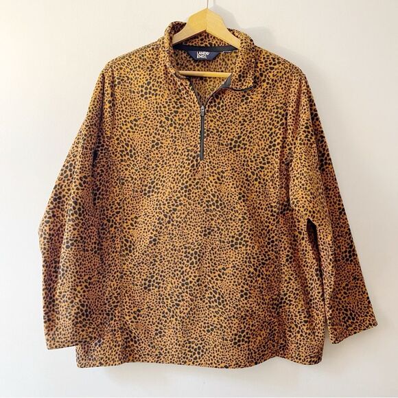 Lands End Leopard Print Pullover Fleece Zip Size 1X Brown Black Animal Print - Picture 1 of 4